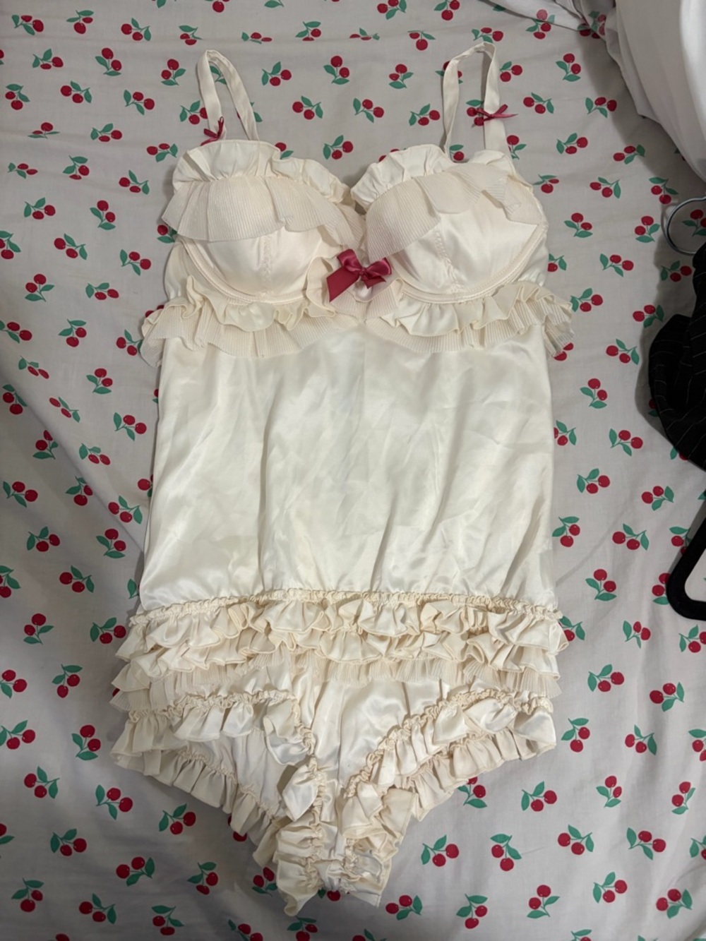 Women's Ruffled Satin Teddy Bodysuit in Cream with Pink Bow